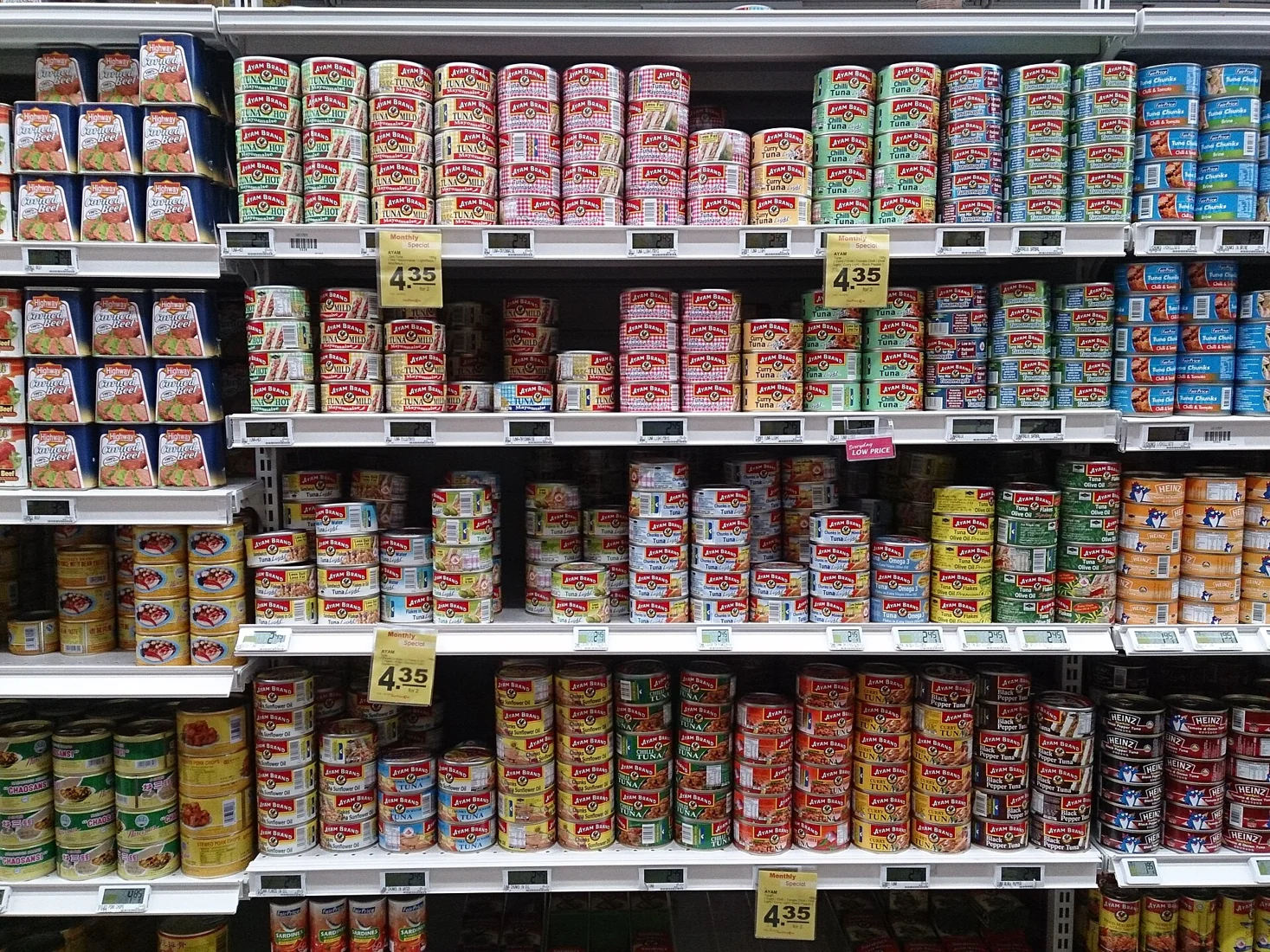 Rows of tinned food arranged on supermarket shelves.