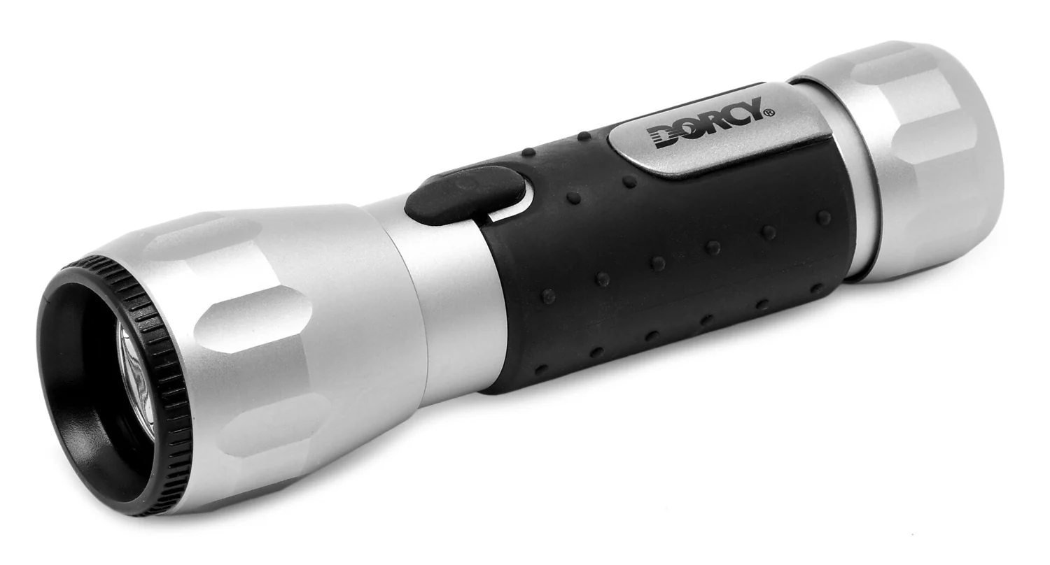 A handheld LED torch on a plain background.
